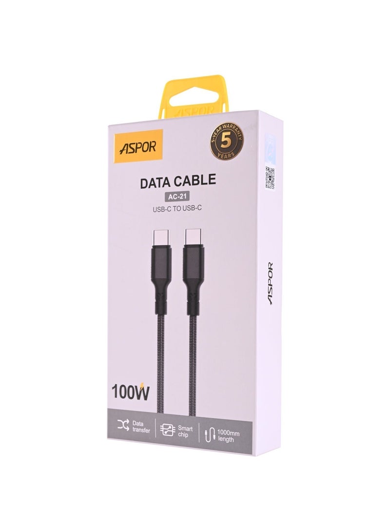 أسبور كيبل جوال ASPOR AC-21 USB-C إلى USB-C – شحن فائق السرعة بقدرة 100 واط وجودة عالية الأداء 🔋 - Image 2